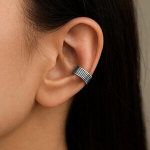 Sterling Silver Ridged Band Ear Cuff – Sleek No Piercing Needed​